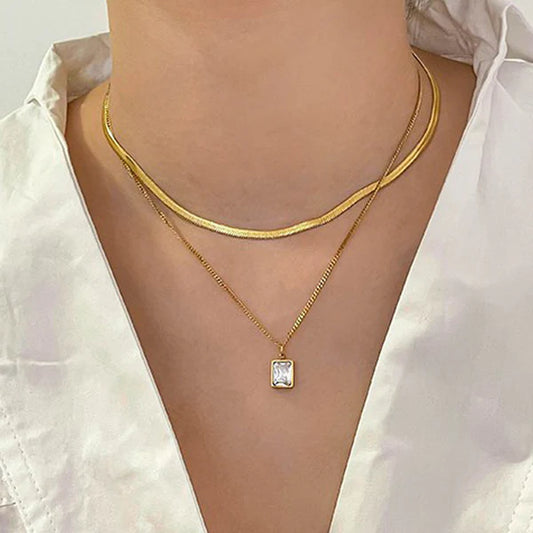 Gold-Plated Anti Tarnish White Emerald Geometric Layered Necklace