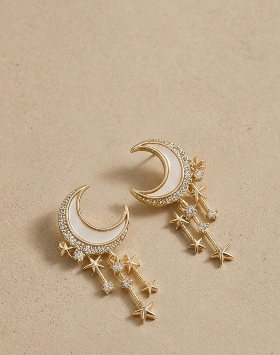 18k Gold plated Anti Tarnish Moon And Star Drop Earrings - Aurvi