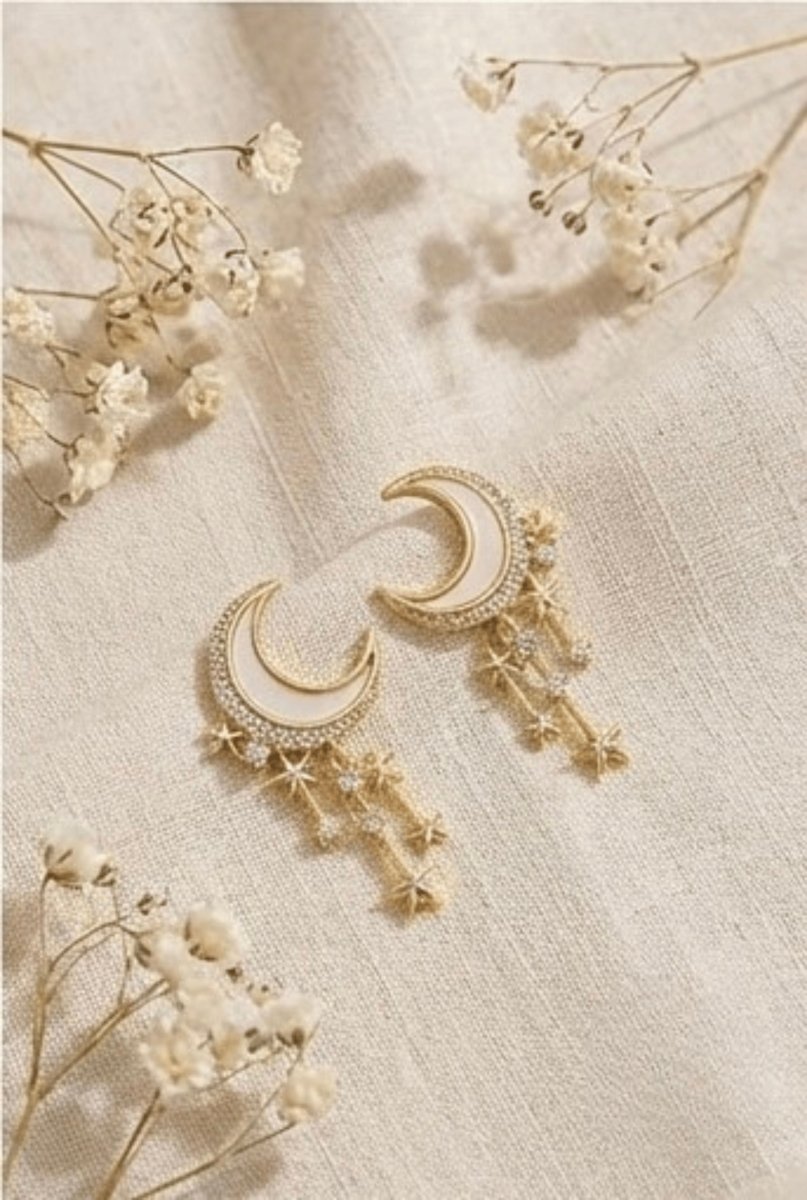 18k Gold plated Anti Tarnish Moon And Star Drop Earrings - Aurvi