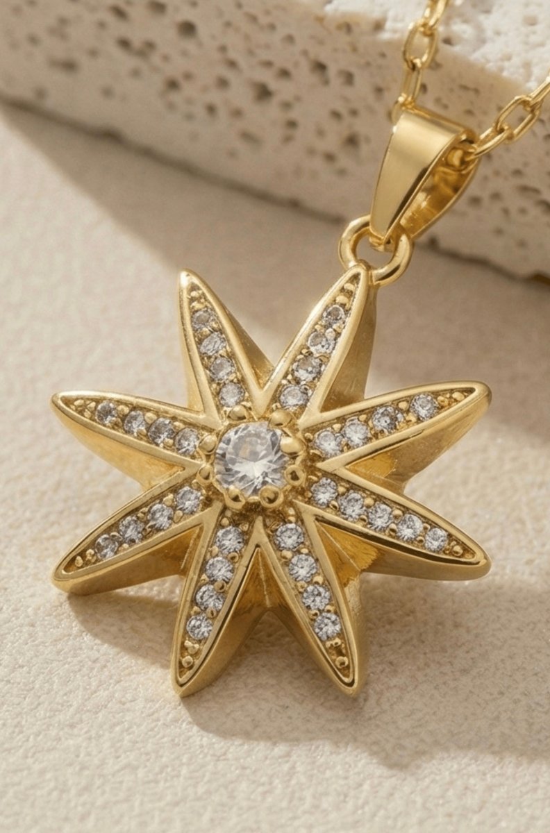 18k Gold Plated Anti Tarnish Starbust Stone Pendant Necklace - Aurvi