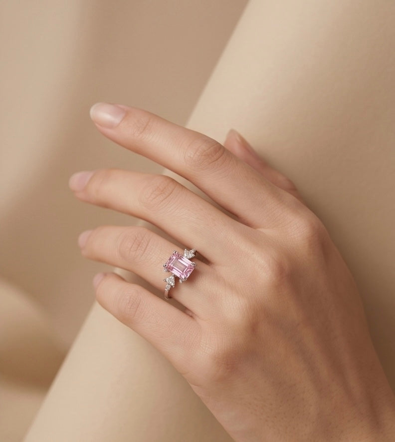 Silver Plated Anti Tarnish Pink Princess Cut Ring