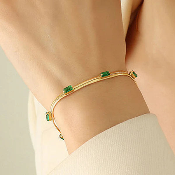 Gold Plated Stainless Steel Anti Tarnish Snake Chain Green Emerald Studded Wraparound Bracelet