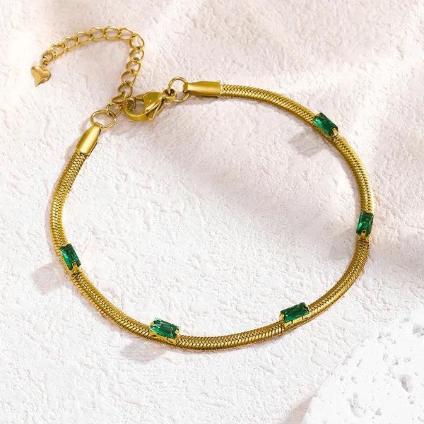 Gold Plated Stainless Steel Anti Tarnish Snake Chain Green Emerald Studded Wraparound Bracelet
