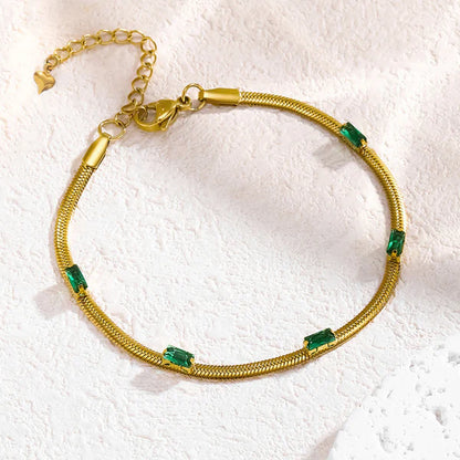 Gold Plated Stainless Steel Anti Tarnish Snake Chain Green Emerald Studded Wraparound Bracelet