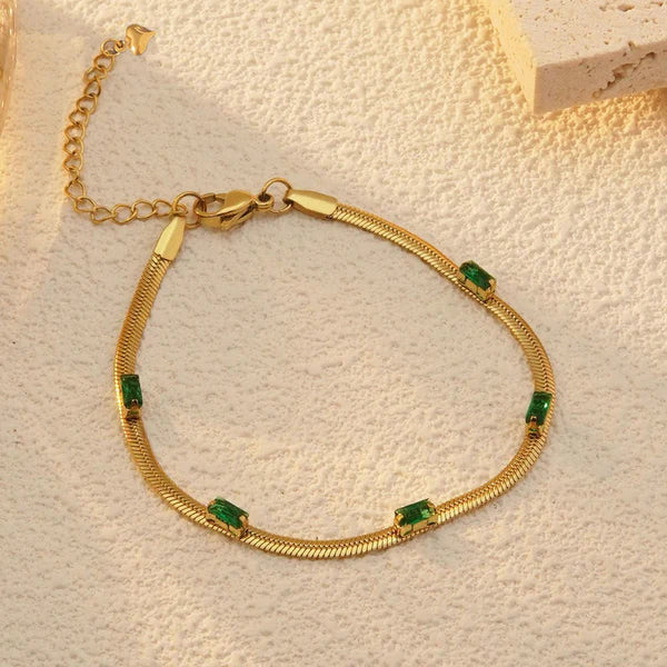 Gold Plated Stainless Steel Anti Tarnish Snake Chain Green Emerald Studded Wraparound Bracelet