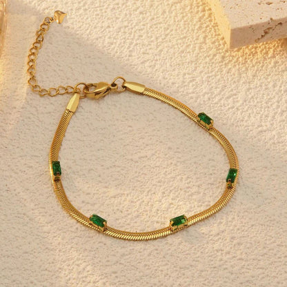 Gold Plated Stainless Steel Anti Tarnish Snake Chain Green Emerald Studded Wraparound Bracelet