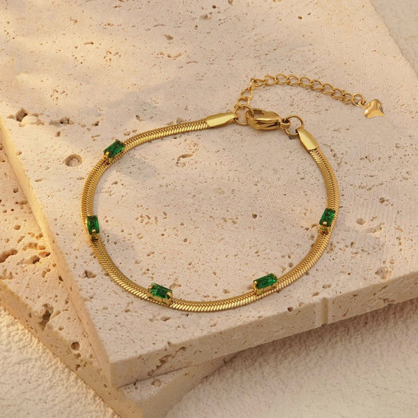 Gold Plated Stainless Steel Anti Tarnish Snake Chain Green Emerald Studded Wraparound Bracelet