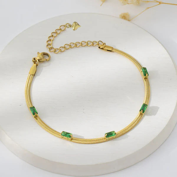 Gold Plated Stainless Steel Anti Tarnish Snake Chain Green Emerald Studded Wraparound Bracelet