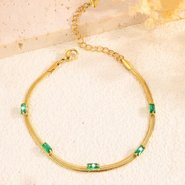 Gold Plated Stainless Steel Anti Tarnish Snake Chain Green Emerald Studded Wraparound Bracelet
