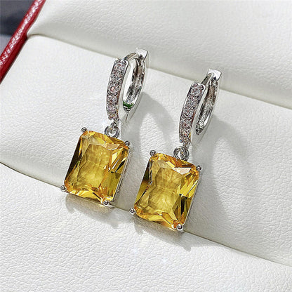 Silver Plated Anti Tarnish Yellow Rectangular American Diamond Studded Crushed Ice Cut Drop Earrings