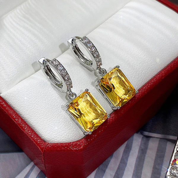 Silver Plated Anti Tarnish Yellow Rectangular American Diamond Studded Crushed Ice Cut Drop Earrings