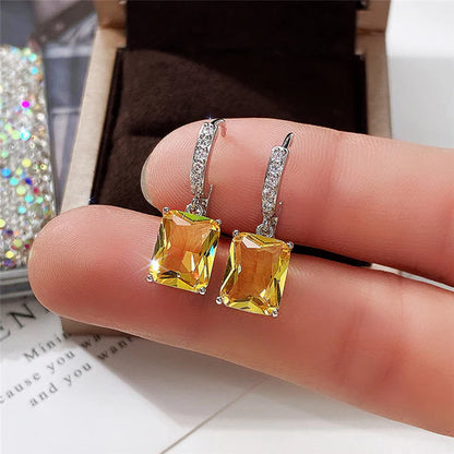 Silver Plated Anti Tarnish Yellow Rectangular American Diamond Studded Crushed Ice Cut Drop Earrings
