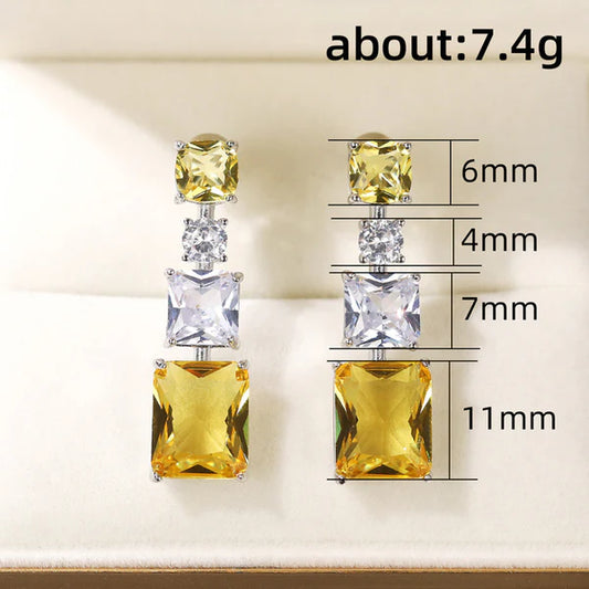 Silver Plated American Diamond Studded Yellow Geometrical Crushed Ice Cut Drop Earrings