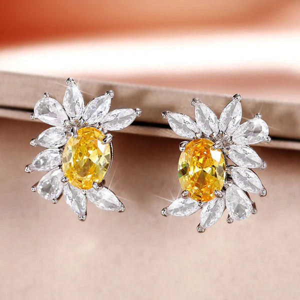 Silver Plated American Diamond Studded Anti Tarnish Yellow Crushed Ice Cut Stud Earrings