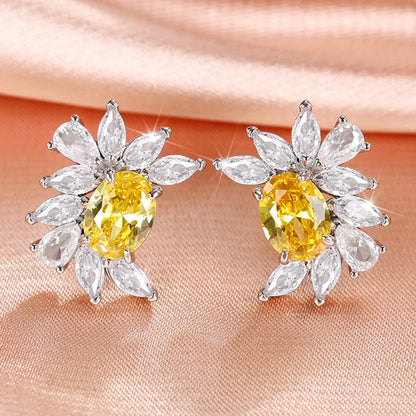 Silver Plated American Diamond Studded Anti Tarnish Yellow Crushed Ice Cut Stud Earrings