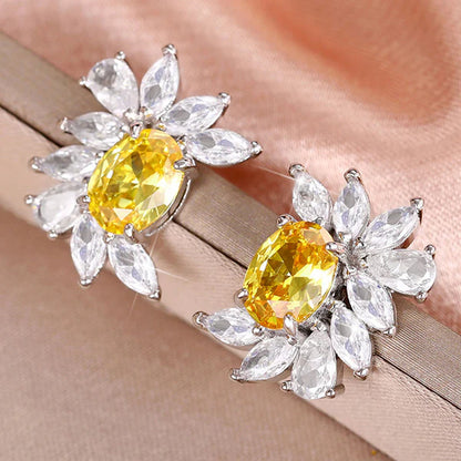 Silver Plated American Diamond Studded Anti Tarnish Yellow Crushed Ice Cut Stud Earrings