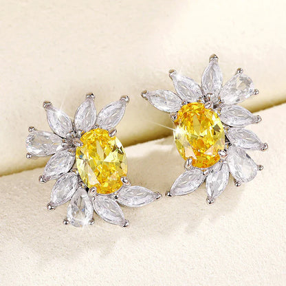 Silver Plated American Diamond Studded Anti Tarnish Yellow Crushed Ice Cut Stud Earrings