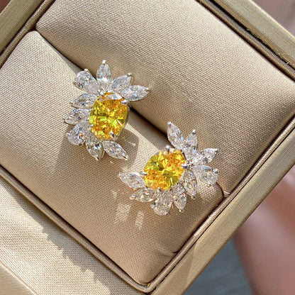 Silver Plated American Diamond Studded Anti Tarnish Yellow Crushed Ice Cut Stud Earrings