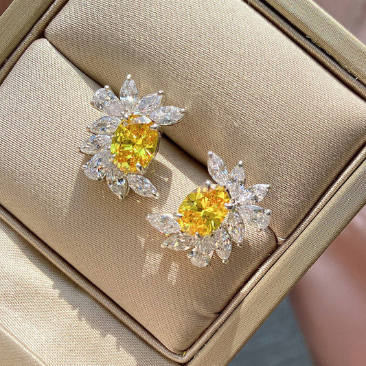 Silver Plated American Diamond Studded Anti Tarnish Yellow Crushed Ice Cut Stud Earrings