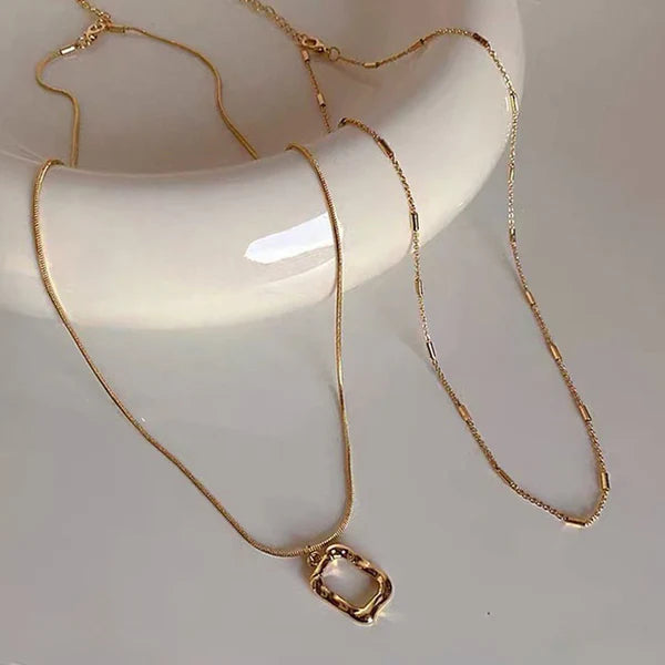 Gold Plated Stainless Steel Anti Tarnish Dual Strand Geometric Necklace For Women