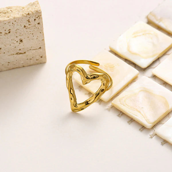 Gold Plated Anti Tarnish Stainless Steel Heart Themed Adjustable Finger Ring