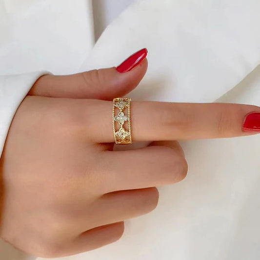 Gold Plated Anti Tarnish Stainless Steel Clover Themed Adjustable Finger Ring