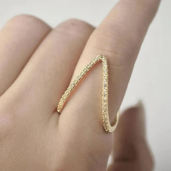 Gold-Plated Anti Tarnish V Shaped CZ Studded Adjustable Finger Ring