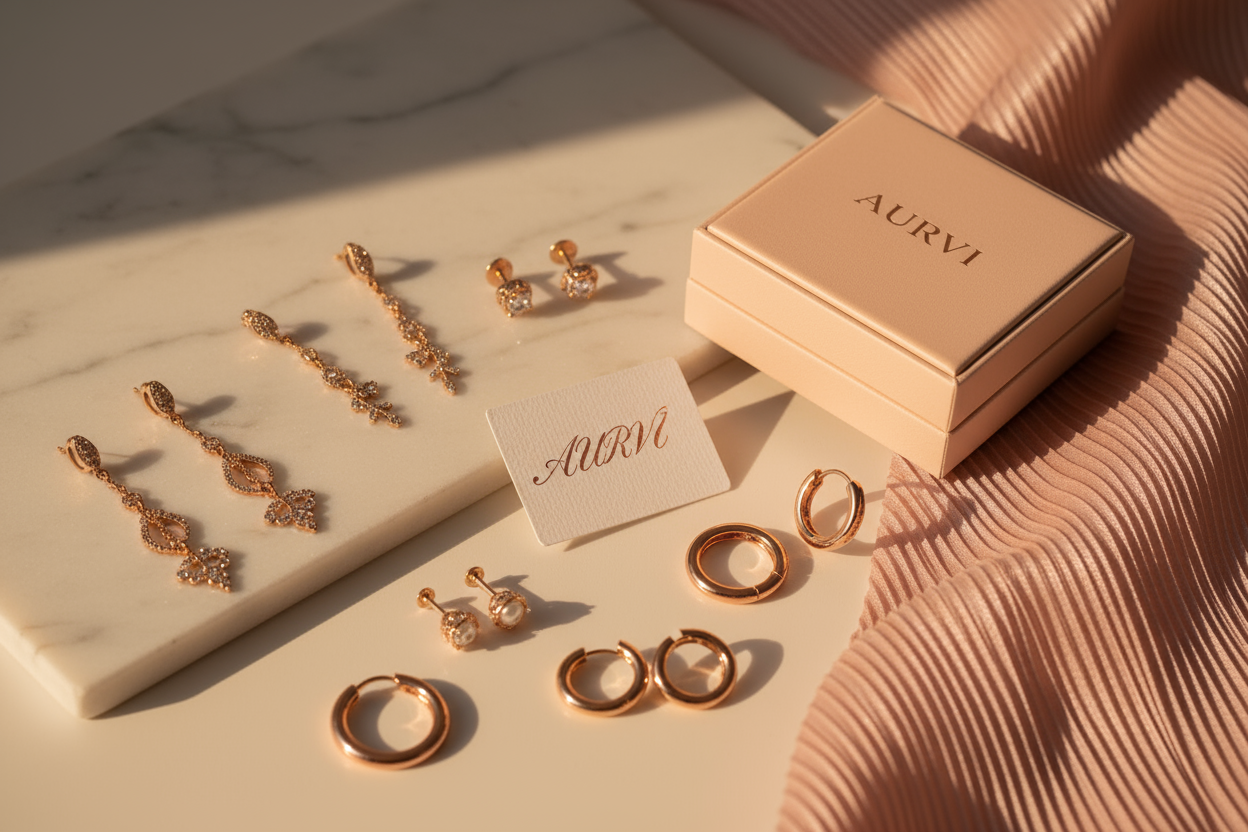 generate an aesthetic looking image of jewellery of mainly just earrings and give it a branding of AURVI