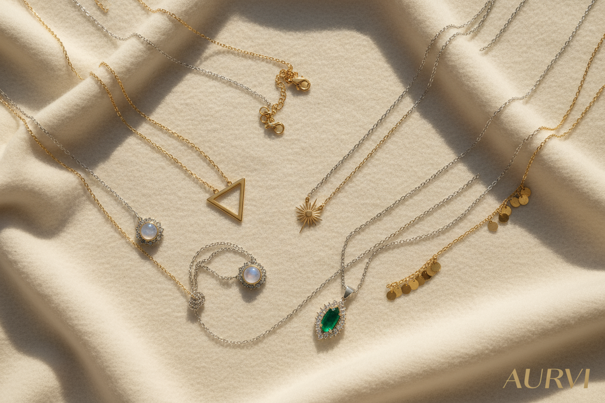 generate an aesthetic looking image of jewellery of mainly just necklaces and pendants and give it a branding of AURVI