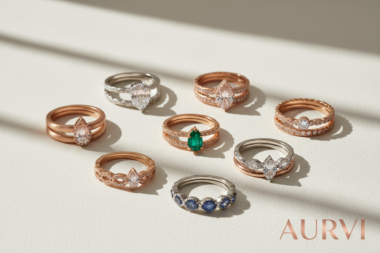 generate an aesthetic looking image of jewellery of mainly just rings and give it a branding of AURVI