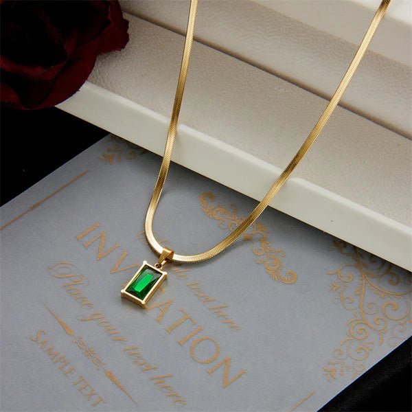 Gold - Plated Anti Tarnish Green Geometric Pendant - Aurvi