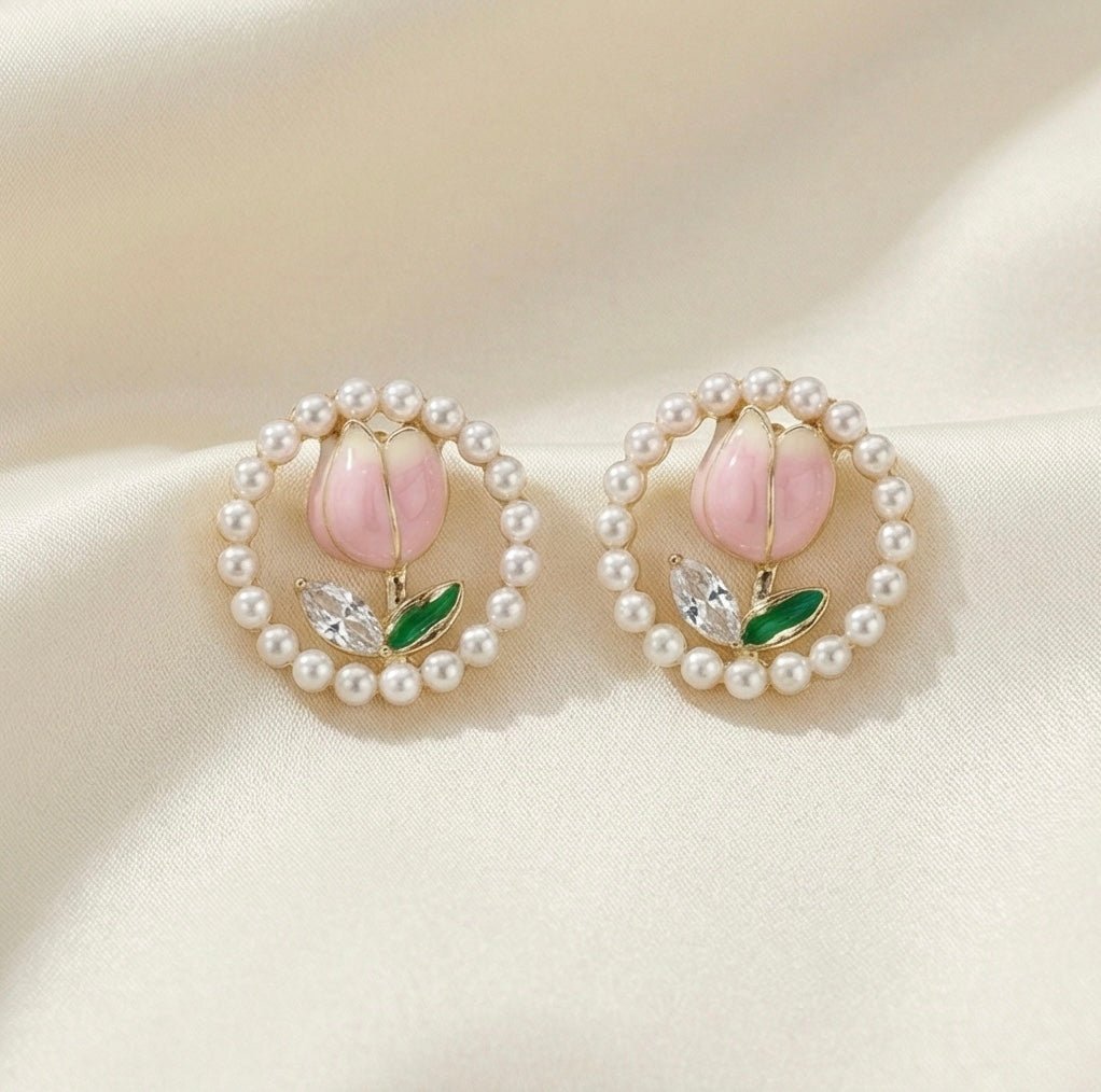 Gold Plated Anti Tarnish Pearl Tulip Earrings - Aurvi
