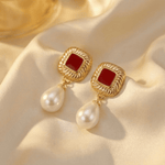 Gold Plated Anti Tarnish Red Drop Earrings - Aurvi