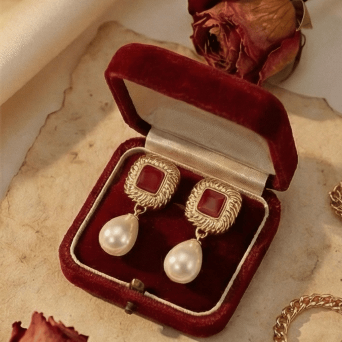 Gold Plated Anti Tarnish Red Drop Earrings - Aurvi