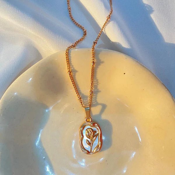 Gold Plated Anti Tarnish Rose Themed Pendant - Aurvi