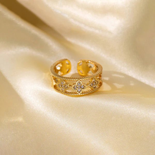 Gold Plated Anti Tarnish Stainless Steel Clover Themed Adjustable Finger Ring - Aurvi