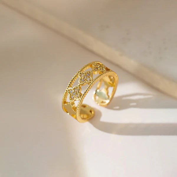 Gold Plated Anti Tarnish Stainless Steel Clover Themed Adjustable Finger Ring - Aurvi