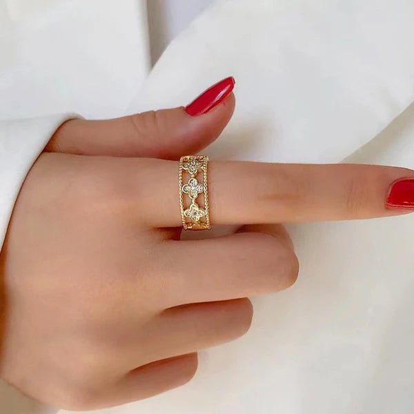 Gold Plated Anti Tarnish Stainless Steel Clover Themed Adjustable Finger Ring - Aurvi