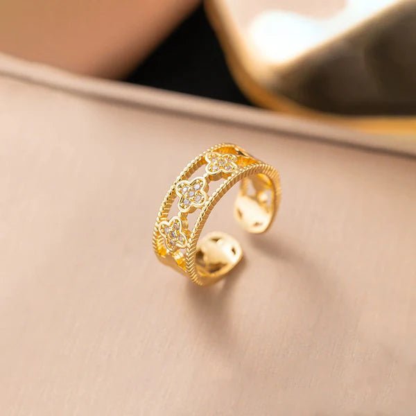 Gold Plated Anti Tarnish Stainless Steel Clover Themed Adjustable Finger Ring - Aurvi