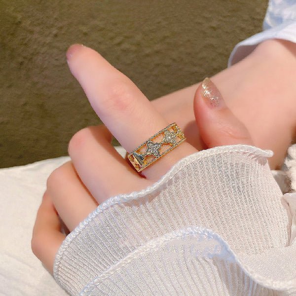 Gold Plated Anti Tarnish Stainless Steel Clover Themed Adjustable Finger Ring - Aurvi