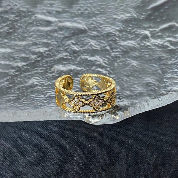 Gold Plated Anti Tarnish Stainless Steel Clover Themed Adjustable Finger Ring - Aurvi