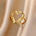 Gold Plated Anti Tarnish Stainless Steel Heart Themed Adjustable Finger Ring - Aurvi