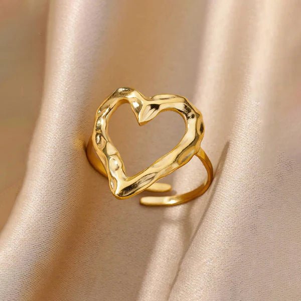 Gold Plated Anti Tarnish Stainless Steel Heart Themed Adjustable Finger Ring - Aurvi