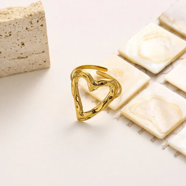 Gold Plated Anti Tarnish Stainless Steel Heart Themed Adjustable Finger Ring - Aurvi