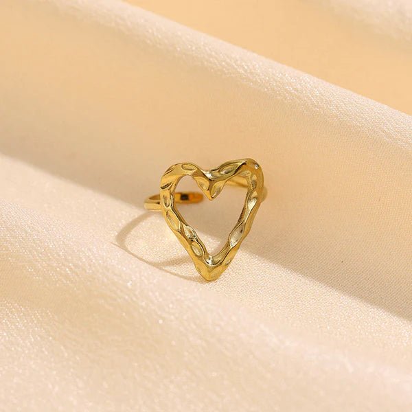 Gold Plated Anti Tarnish Stainless Steel Heart Themed Adjustable Finger Ring - Aurvi