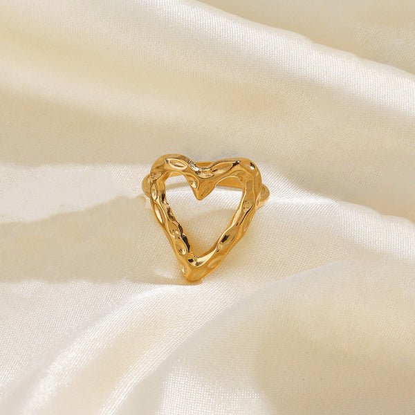 Gold Plated Anti Tarnish Stainless Steel Heart Themed Adjustable Finger Ring - Aurvi