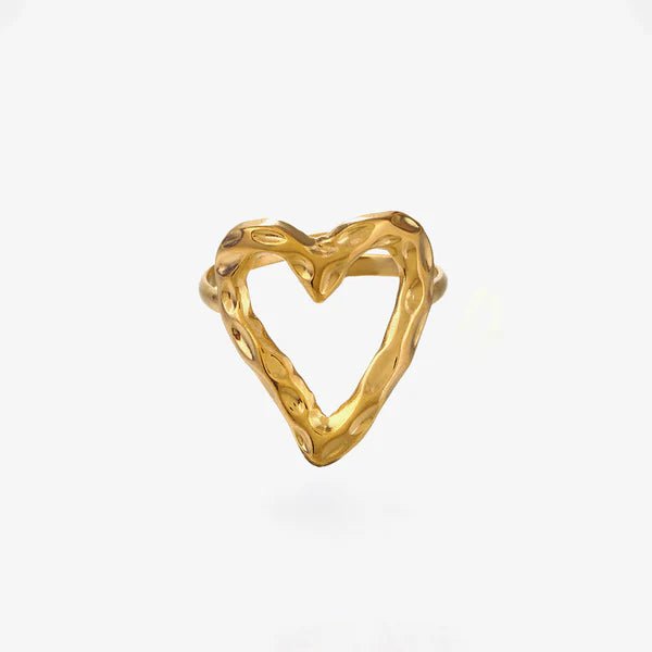 Gold Plated Anti Tarnish Stainless Steel Heart Themed Adjustable Finger Ring - Aurvi