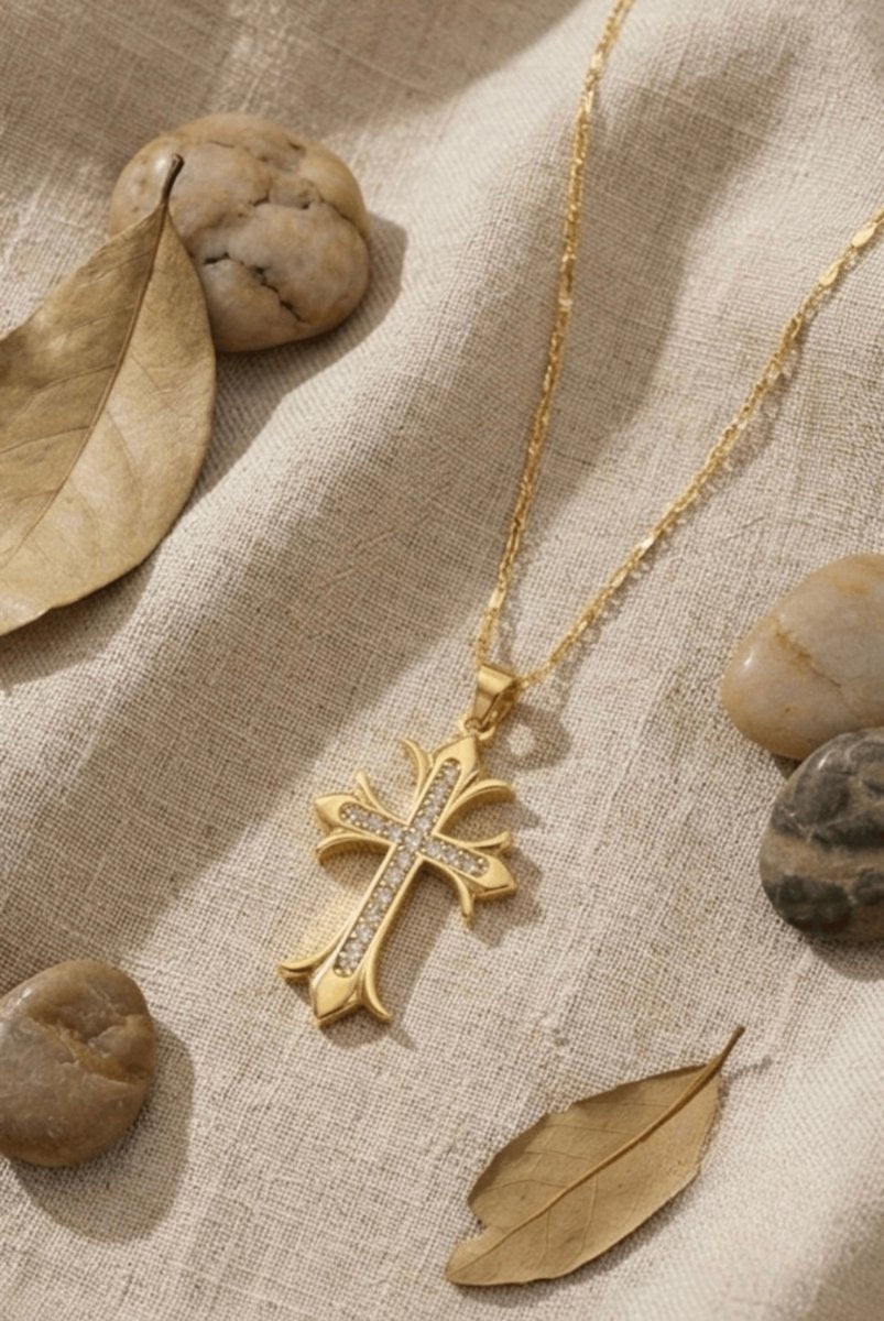 Gold Plated Anti Tarnish Studded Cross Necklace - Aurvi