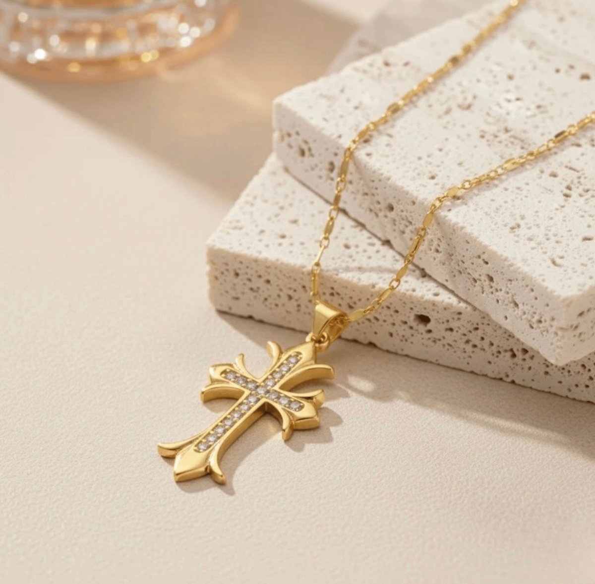 Gold Plated Anti Tarnish Studded Cross Necklace - Aurvi