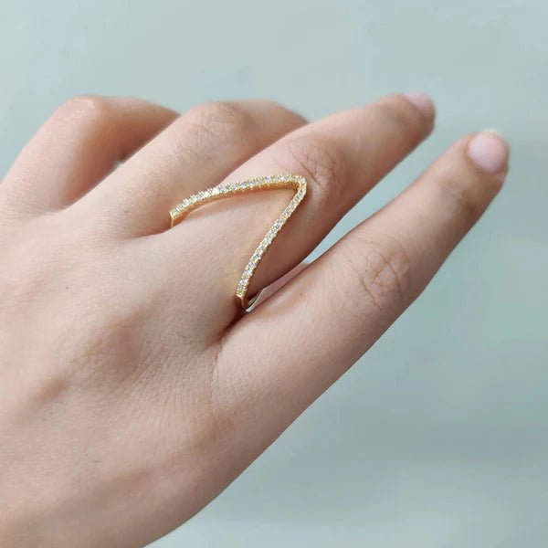 Gold - Plated Anti Tarnish V Shaped CZ Studded Adjustable Finger Ring - Aurvi